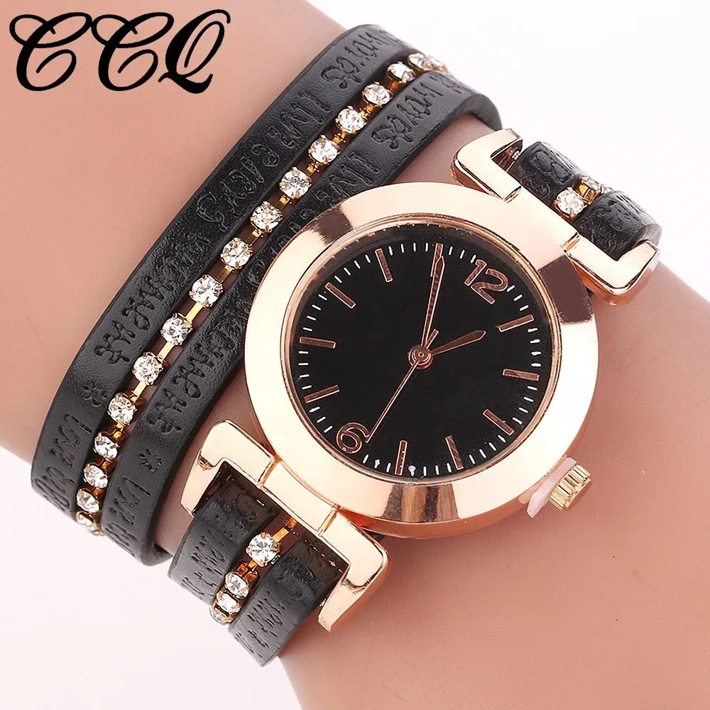 CCQ Модные женские золотые Кожаный браслет с цепочкой модные женские часы аналоговые кварцевые часы Relogio Feminino Прямая - Цвет: black