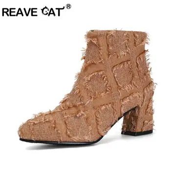 

REAVE CAT 2020 New Women autumn ankle boots Denim jeans cloth Fur side zipper booties thick square heels size 10 12 Botas Mujer
