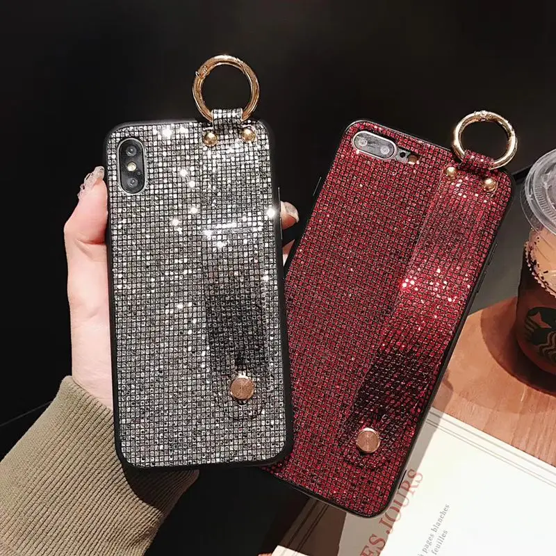 

Luxury DIY crystal Wrist support function phone case For iphone Xs Max 10 XR X 6 6S Plus 7 8 Plus Bling Glitter Capa Funds Coqu