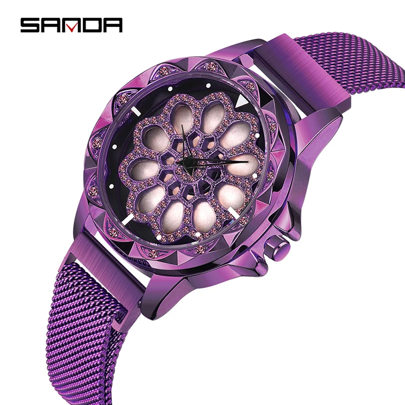 

SANDA Women Luxury Brand Watch Romantic Rotate Dial Mesh Belt Quartz Wristwatch Female Fashion Casual Watches Clock reloj mujer