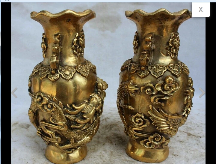 

hui88K801<<<10" Marked Chinese Palace Brass Peony dragon Phoenix Flower Bottle Vase pair statue