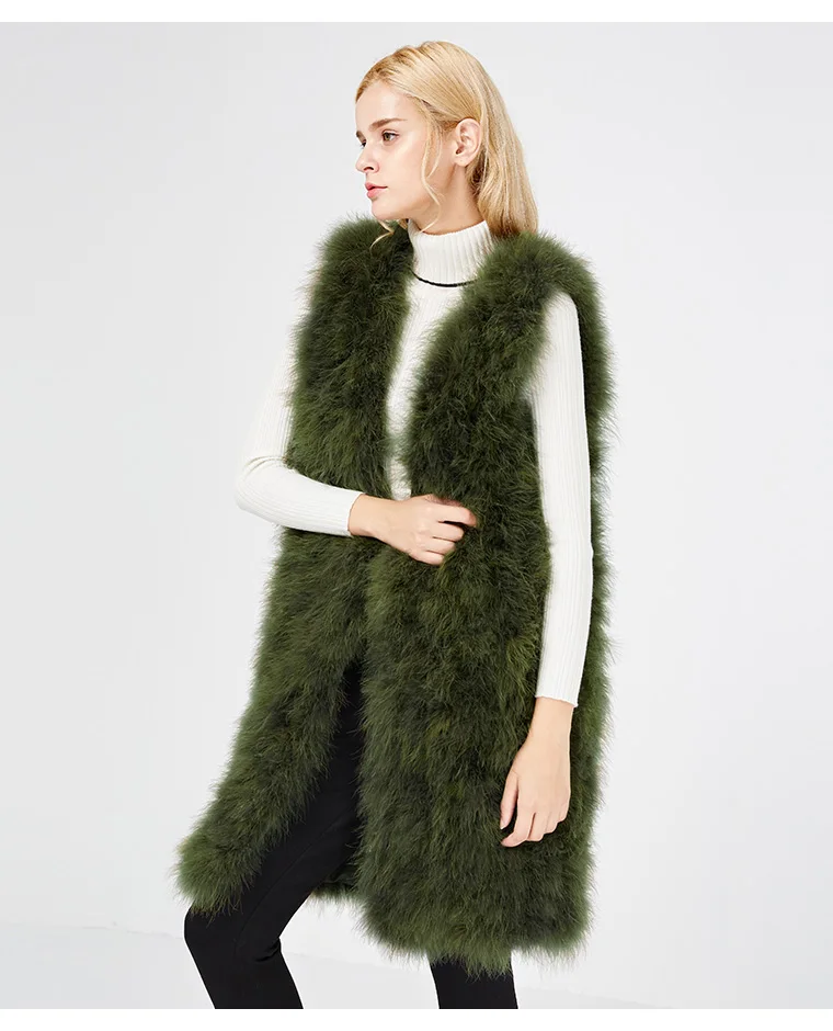 women fur waistcoat of natural ostrich feather New style fluffy autumn winter warm fur vest pink dark green 90cm length V24 Coats