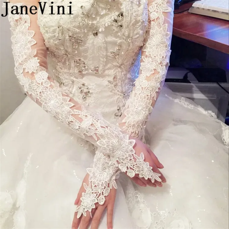 JaneVini/прозрачные кружевные перчатки ручной работы длинные белые свадебные перчатки цвета слоновой кости для девочек, длина оперы без пальцев, свадебные перчатки
