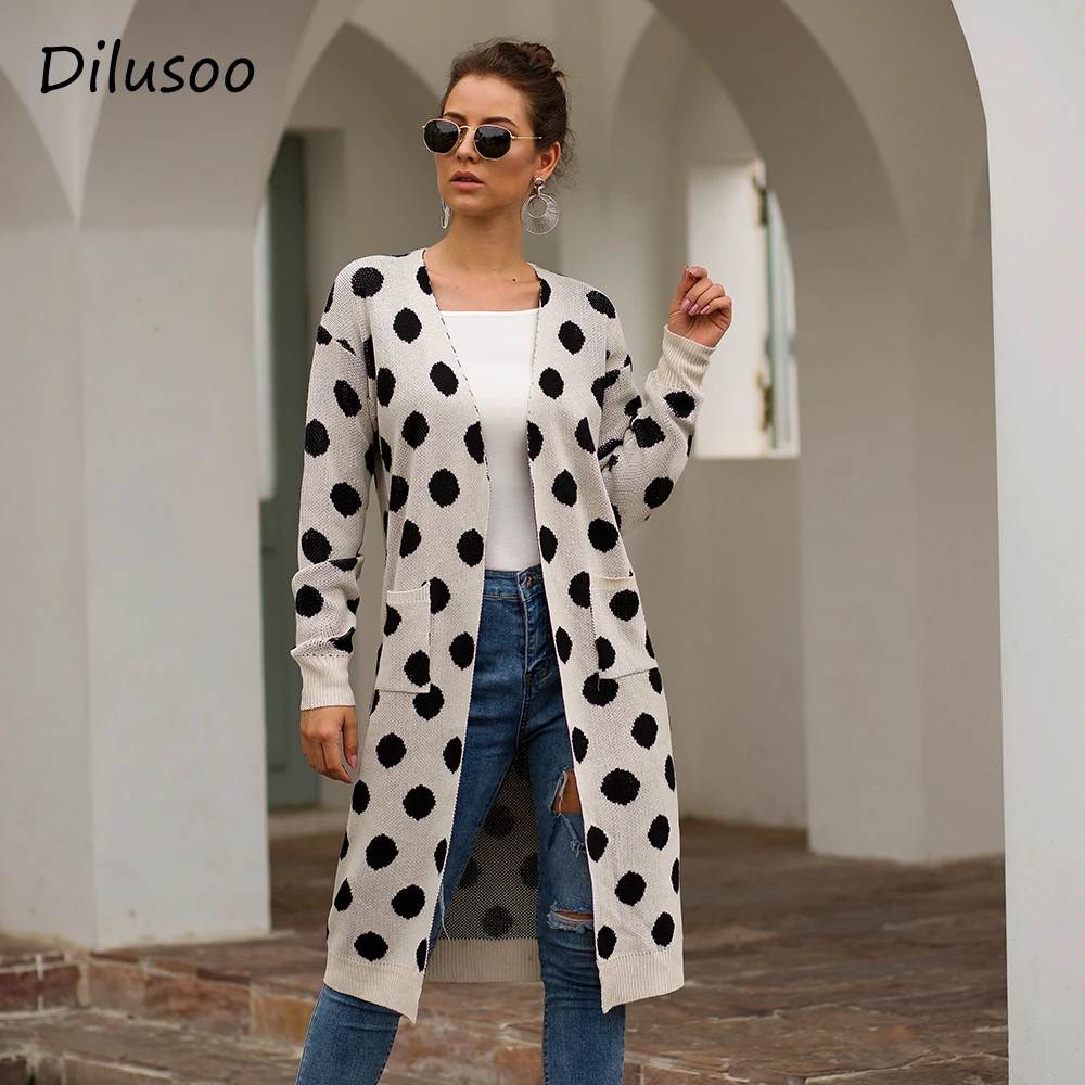 

Dilusoo 2019 Autumn Polka Dot Print Knitted Sweaters Women Cardigan Pocket Long Loose Coats Woman Casual Winter Sweater Coats
