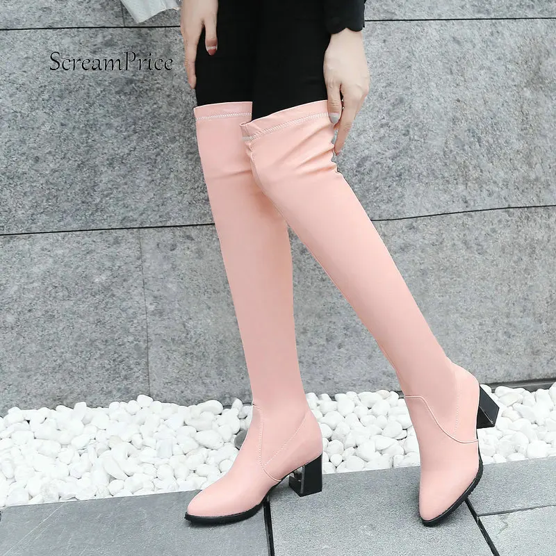 

Women Comfort Thick Heel Over the Knee Boots Fashion Zipper Thigh Boots Female Pointed Toe Fall Winter Shoes Black White