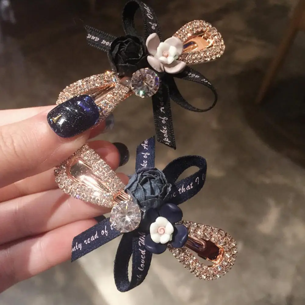 

Fairy ribbon crepe Shiny Crystal bow spring clip flower hair clip head jewelry Women Hair Accessories Ponytail Holder