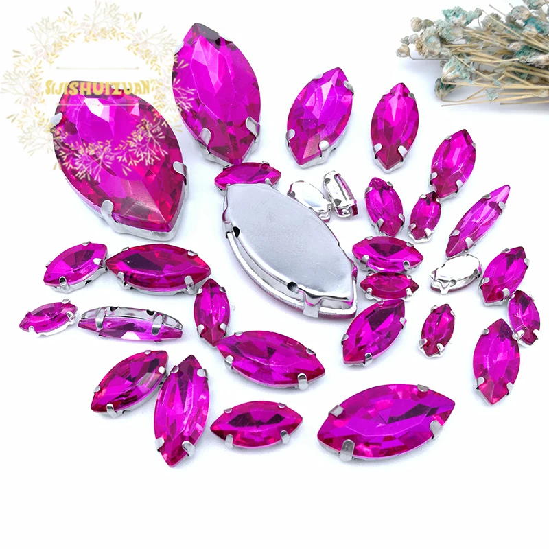 Silver Claw Setting 30 Pz/Borsa Rose Red Horse Eye Shapes Mix Clear Gass Crystal Sew On Strass Abito Da Sposa Scarpe Borsa Fai Da Te