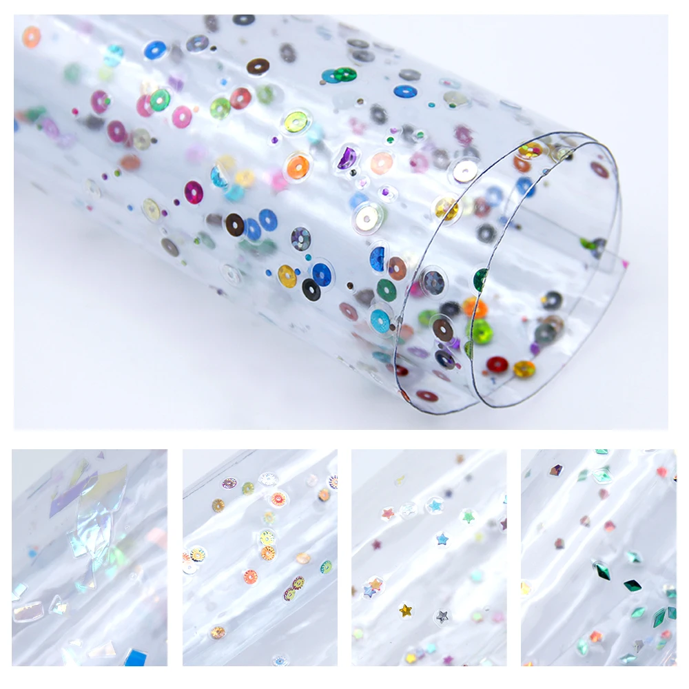 5pcs/set 20*34cm PVC Transparent Sequin Synthetic Leather Fabric Set,DIY handmade materials for bag hair bow phone case,1Yc6446