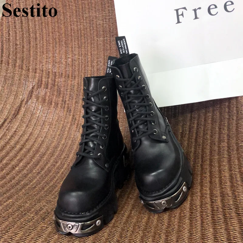 

Black Cross-tied Leisure Boots Woman Round Toe Metal Square Heel Ankle Boots For Women Lace-up Short Boots Casual Women Shoes