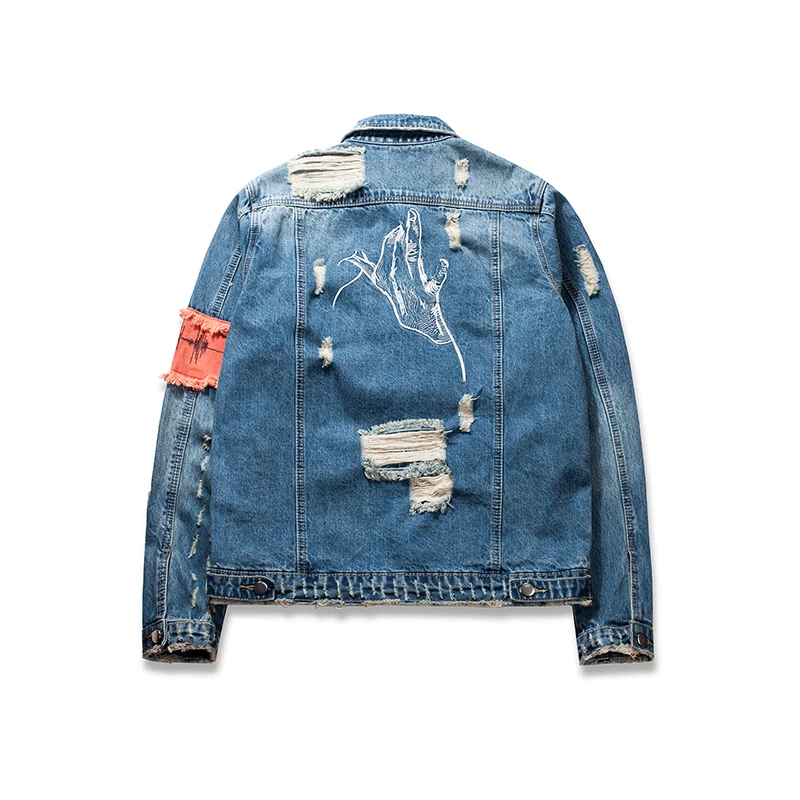 Hi-Street Men Ripped Ribbon jeans Jackets washed Distressed Denim Man Justin Bieber Slim Fit Streetwear HipHop Vintage Jacket