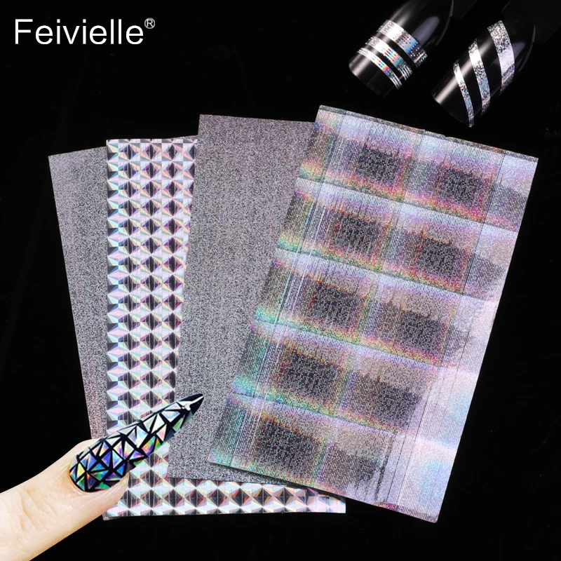 

Feivielle 1 Sheet Holographic Strip Tape Nail Art Stickers Ultra Thin Laser Silver Stripe Line Sticker DIY Foil Decal Stickers