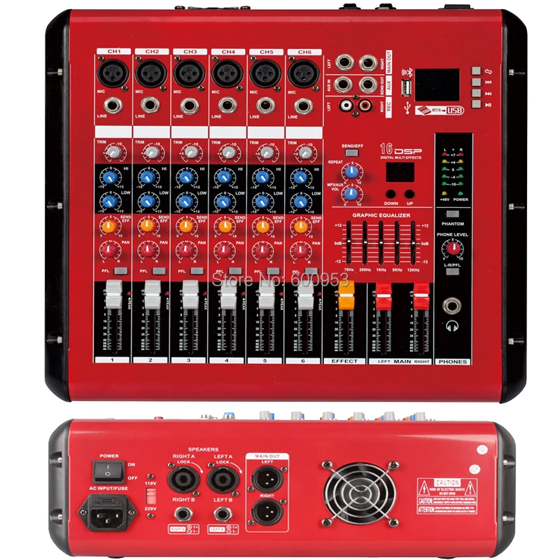 Pro 6 Channel 800W Power Mixer Amplifier Microphone Mixing Console Sound with USB 48V Bluetooth Monitor 2 in 1 Function 4 channel mixer input 48vphantom power stereo dj studio streaming mixer with built in computer sound card dropship