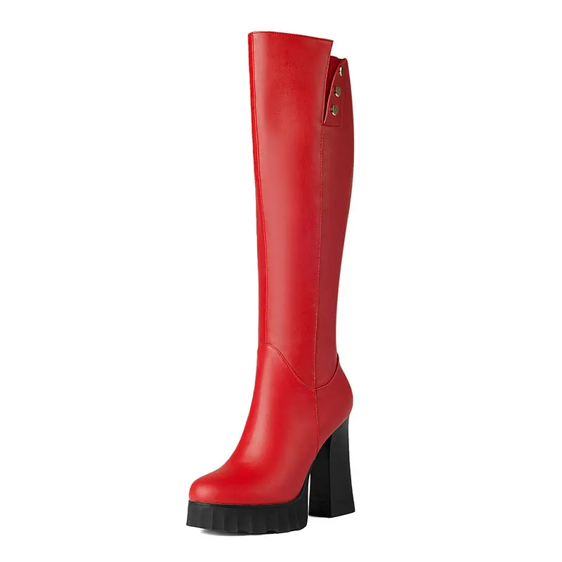 Женские сапоги до колена из натуральной кожи на высоком толстом каблуке с