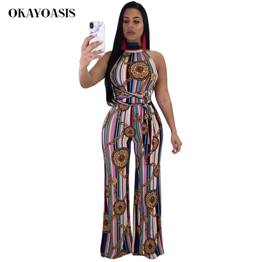 OKAYOASIS Summer Halter Jumpsuits Women Sexy Backless Bandage Overalls ...