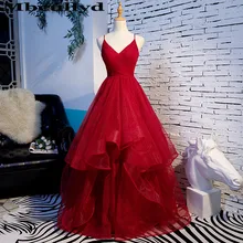 Mbcully глубокий v-образный вырез многоярусные красные платья для выпускного тюль Принцесса ТРАПЕЦИЕВИДНОЕ длинное вечернее платье с открытой спиной vestido de festa