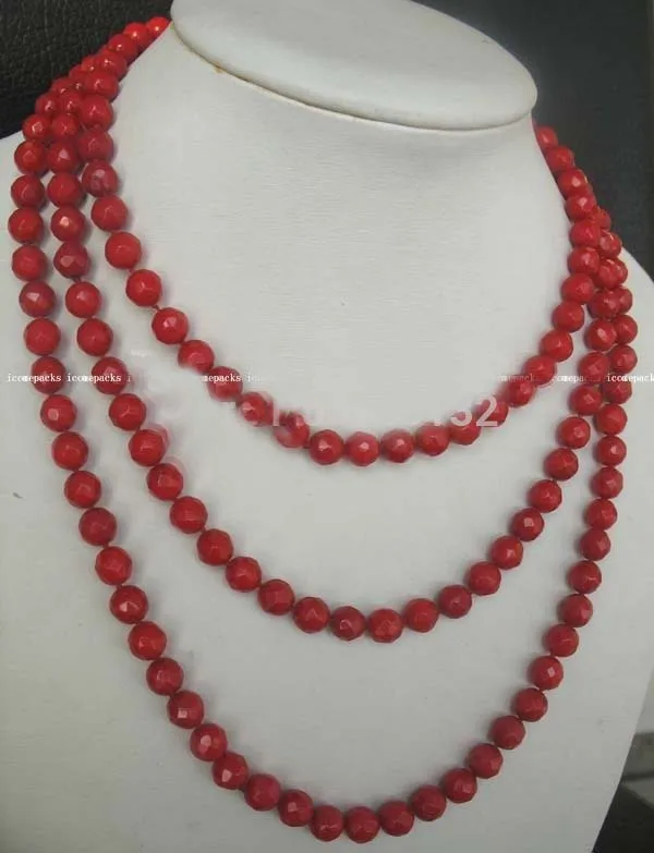 

very good Woman's Jewellery 60" red coral round faceted 8mm nature round red coral bead necklace Wholesale Silver hook Free Ship
