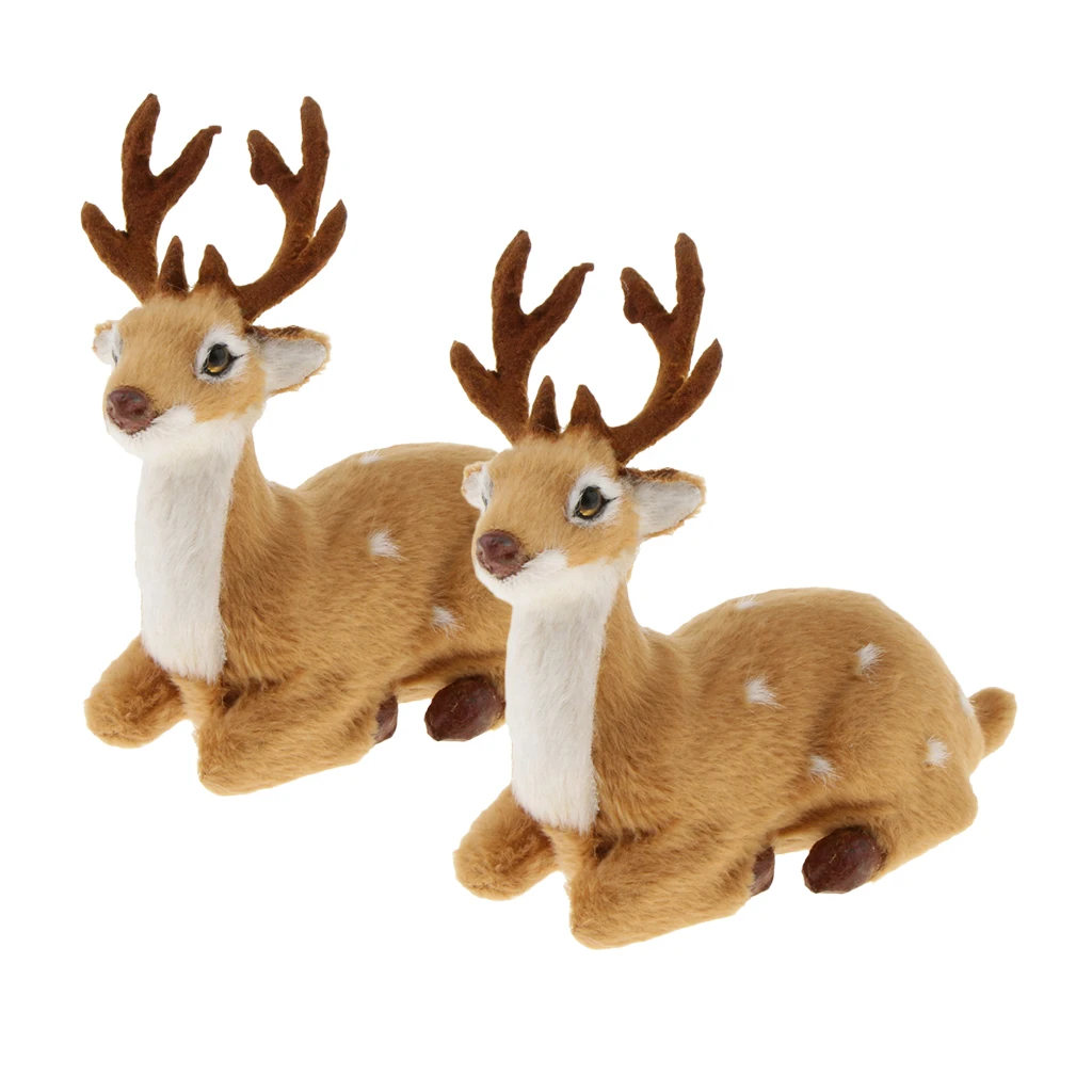 Pieces of 2 Miniatures Christmas Sika Deer Reindeer Elk Scene Arrangement Props Lying - Brown