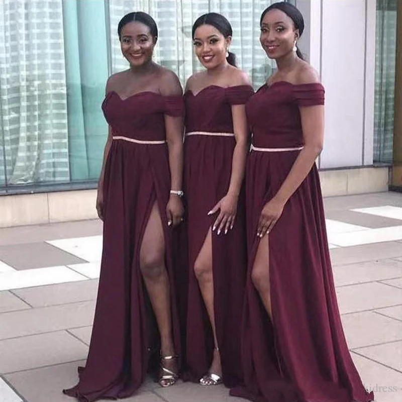 

Burgundy Chiffon Off The Shoulder Bridesmaid Dress Plus Size Sash Pleats Wedding Guest Dress Maid Of Honor Dresses