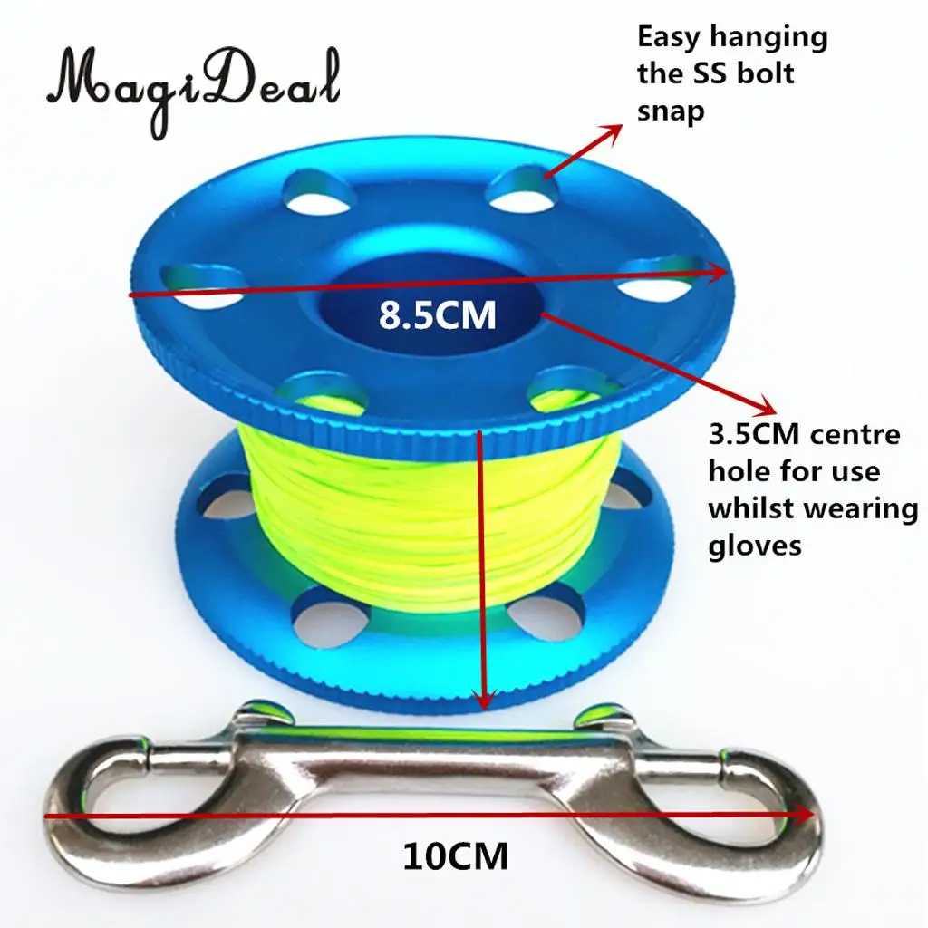 MagiDeal Scuba Diving Aluminium Finger Spool Reel Line Stainless Steel Snap Bolt Clip 20/30/50M Blue Purple Black