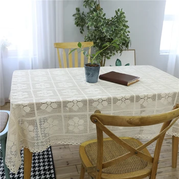 

Vintage Handmade Elegant Tablecloths Cotton Rectangular Table Cloth Crochet Floral Rectangle Table Cloth With Hollow Lace Decor