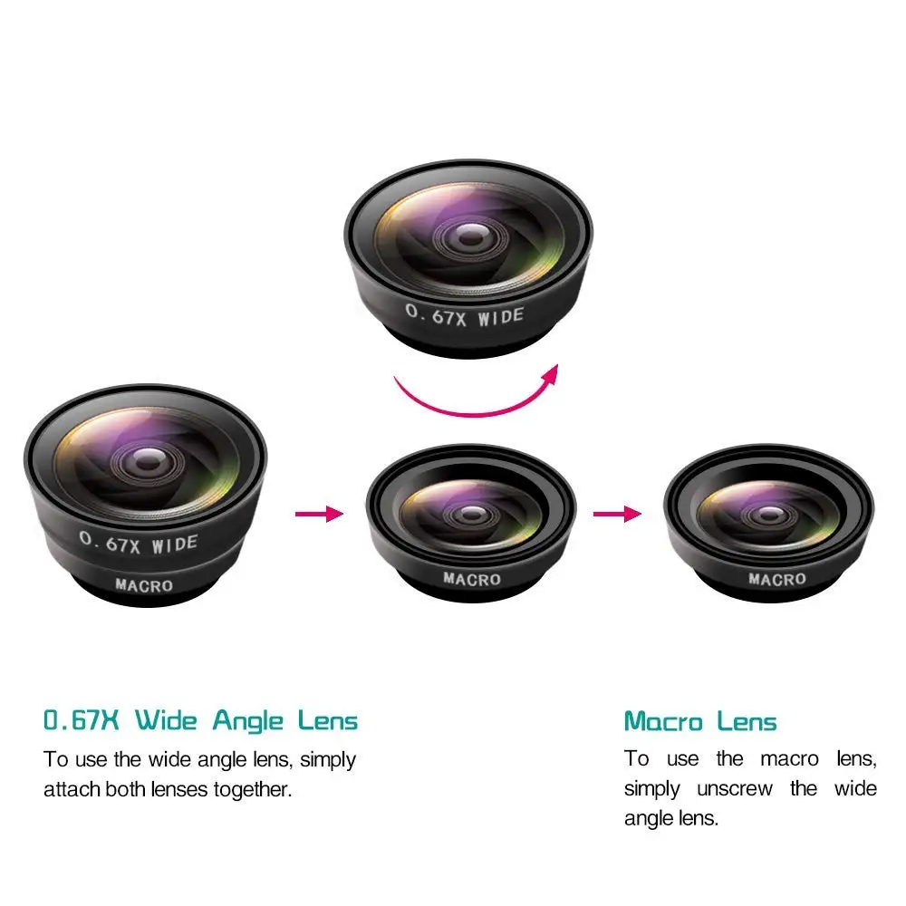 Ahowie 3in1 Wide Angle Macro Fisheye Smartphone Lens Kits Camera Lenses On The Mobile Phone For Iphone 7 8 Plus X 10 2 With Clip (3)
