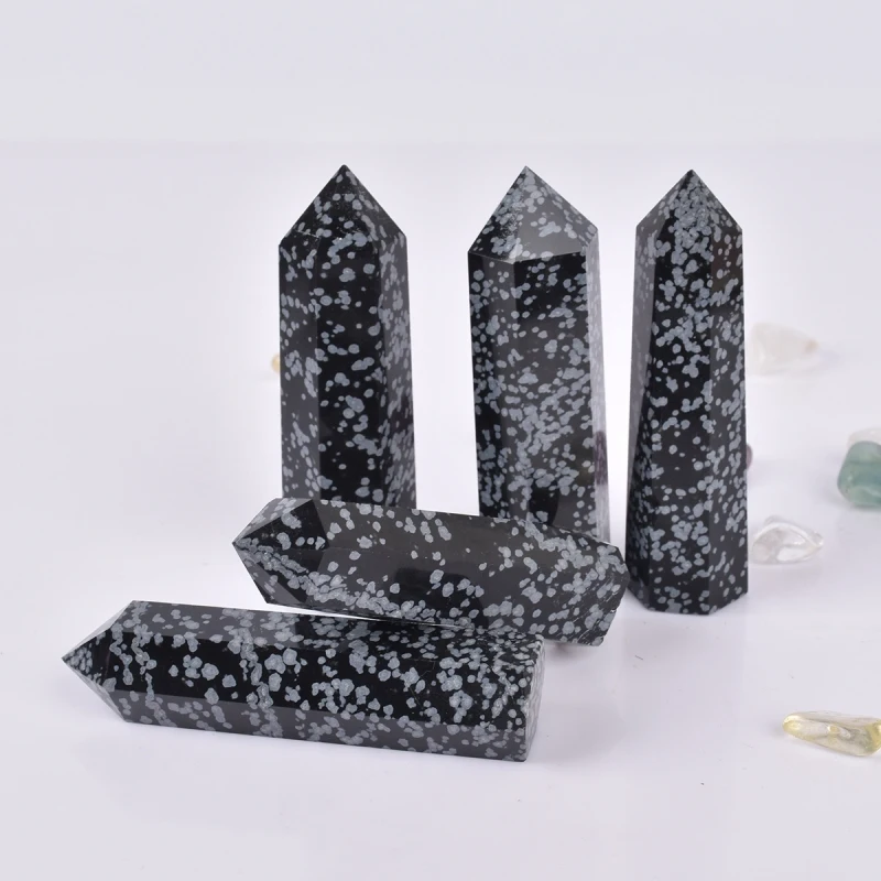 

Wholesale Natural Quartz Crystal Snowflake Obsidian Crystal Pillar Hexagonal Prism Point Wand Quartz Stone Home Decorative Gift