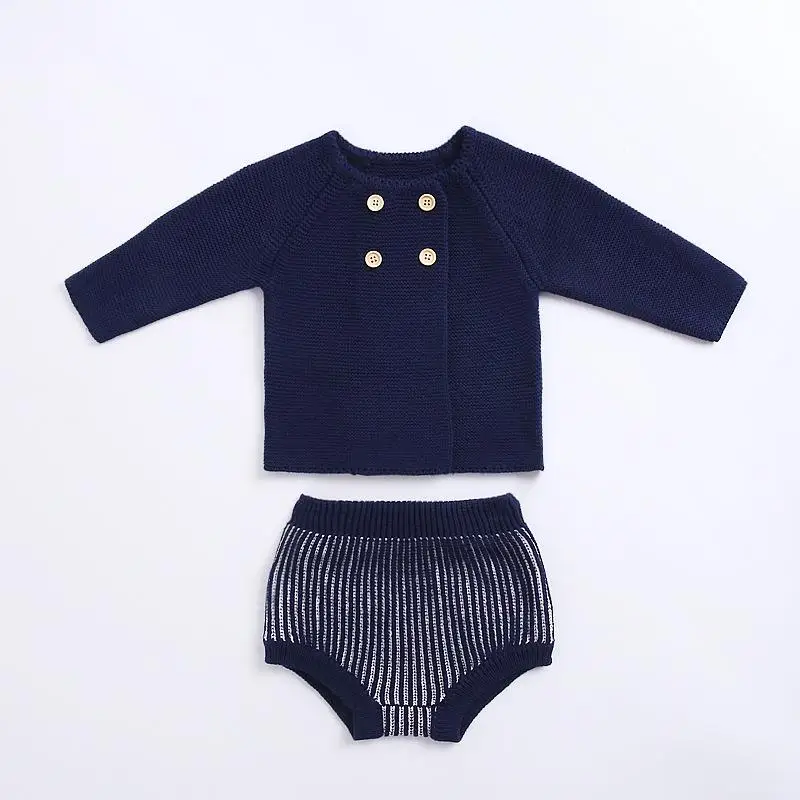 В году, осенне-зимние комплекты трикотажной одежды для новорожденных девочек и мальчиков Детский вязаный свитер кардиган и шорты pp комплект одежды из 2 предметов - Цвет: navy blue