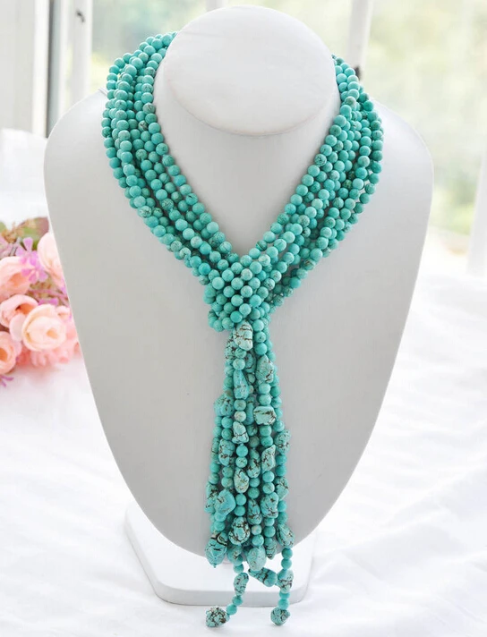 

Free shipping@@@@@ 4pcs 6mm round 16mm baroque blue turquoise necklace 50inch