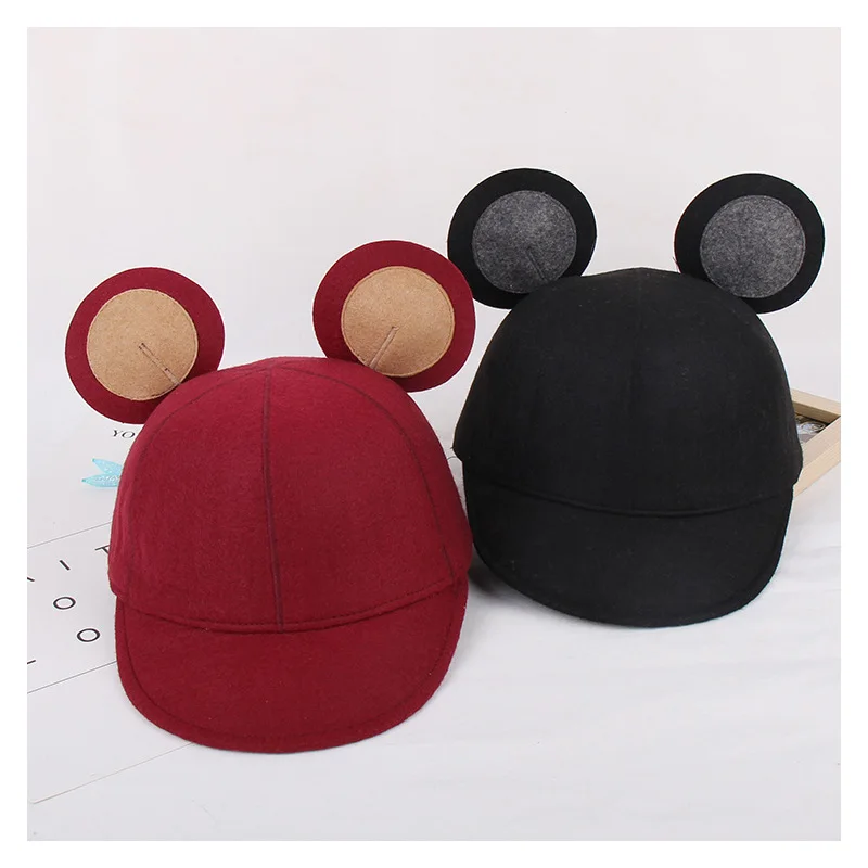 

Fashion Wool Felt Baseball Cap Mickey Ears Hat For Women Men Equestrian Knight Autumn Winter Patchwork Fedora Hats