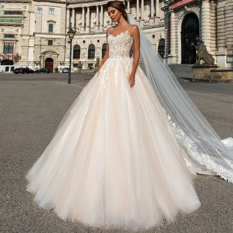 

Eightree Ball Gown Spaghetti Straps Wedding Dress Appliques Tulle Long Backless vestido de noiva Bridal Dress Pink Wedding Dress