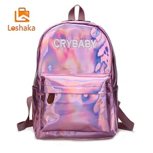 Loshaka Hip hop Style Embroidery Letters Crybaby Hologram Laser Backpack Women Soft PU Leather Backpack School
