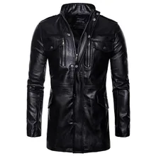 Новая Осенняя мотоциклетная кожаная куртка мужская длинная куртка-ветровка Высококачественная pu кожаная куртка мужская кожаная куртка с несколькими карманами