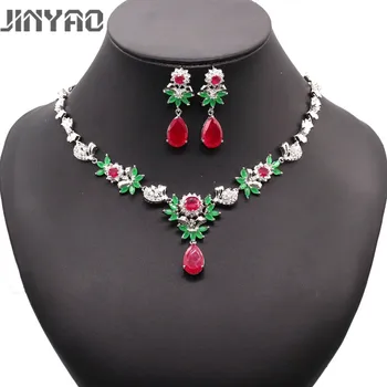 

JINYAO Luxury Hot African Female Costume Jewelry Set for Women Gold Color Red Green Zircon Necklace Earrings Set Wedding