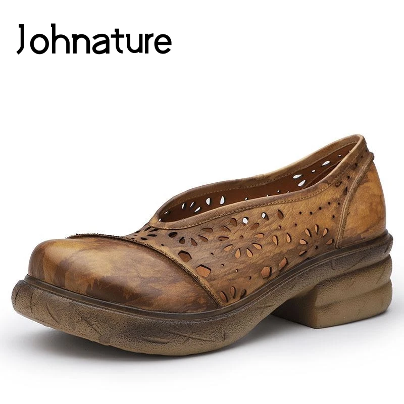 

Johnature 2019 New Spring/Summer Retro Round Toe Genuine Leather Hollow Shallow Slip-on Platform Shoes Women Pumps