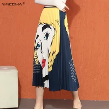 Wreeima персонажа из мультфильма узор комплект пуловер+ кожаная юбка демисезонный и Забавный принт длинный абзац линии юбки для женщин