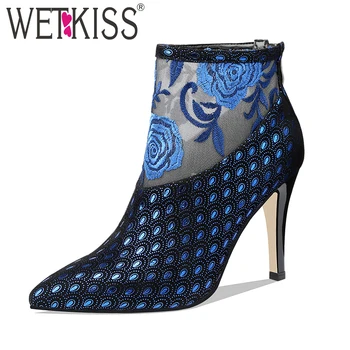 

WETKISS High Heels Ankle Boots Women Pointed Toe Zip Footwerar Print Kid Suede Shoes Female Mesh Embroider Shoes Woman Spring