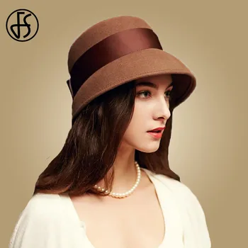 

FS Brown Black Fedora Women Wide Brim Wool Cloche Hats For Elegant Bowler Felt Caps Vintage Ladies Church Hat Sombreros Mujer