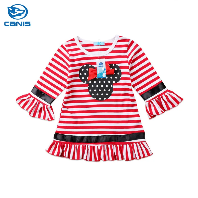 CANIS/платье для маленьких девочек праздничное платье в полоску с длинными рукавами и рисунком Минни Маус, одежда платья для маленьких девочек