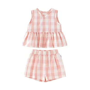 

2019 Summer Kid Toddler Girl Clothes Set Plaid Sleeveless Flounce Tops + Shorts 2Pcs Set Casual V-Neck Baby Girls Clothing 1-6 Y