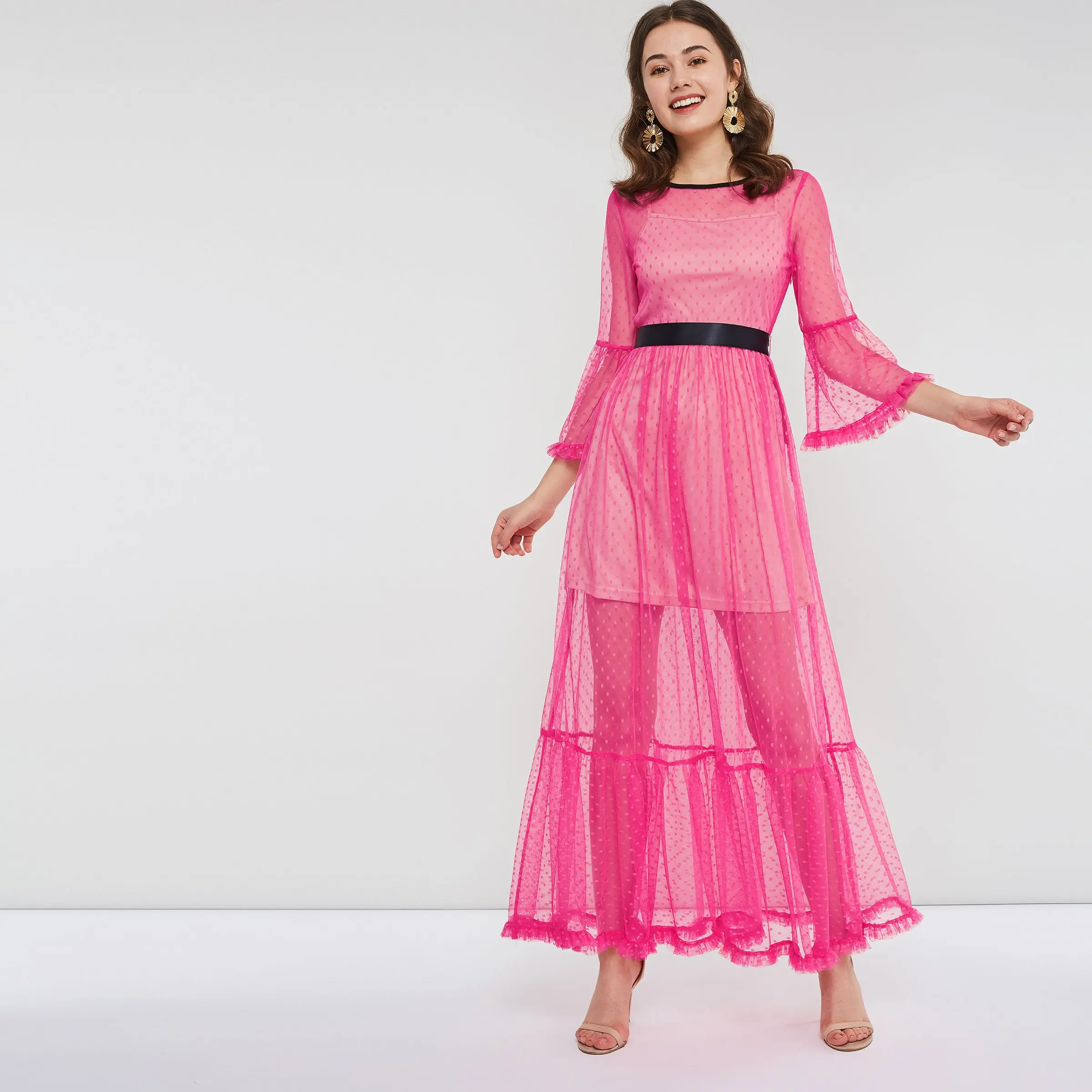 Evening Party Women Two Piece Extra Long Fuchsia Dress Spring Summer