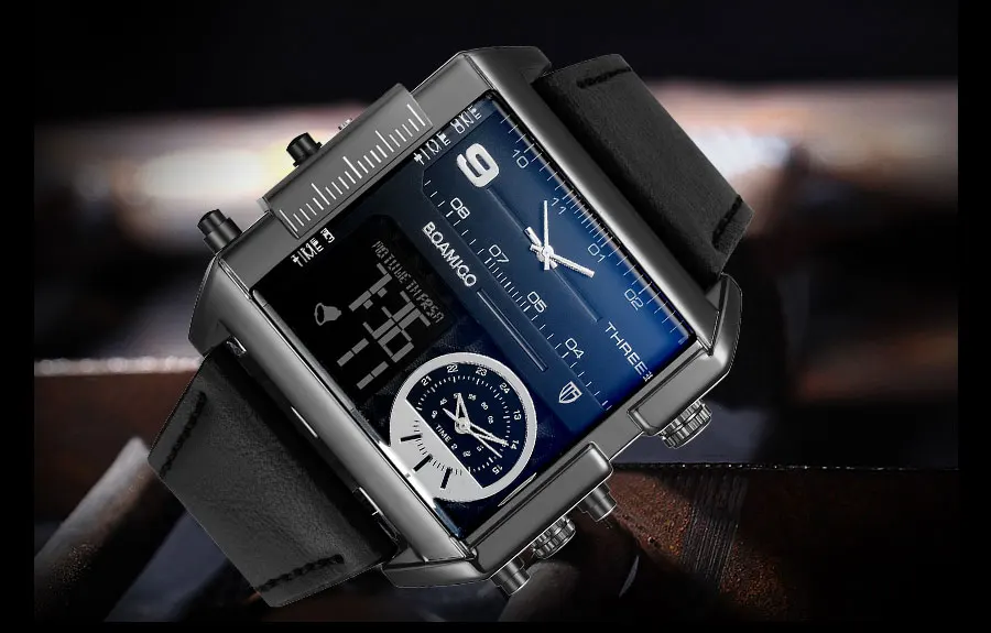 BOAMIGO Brand Fashion Black Dial Man Watch 3 Time Zone Big Rectangle Men Sport Watches Leather Band Calendar Quartz Wristwatches (20)