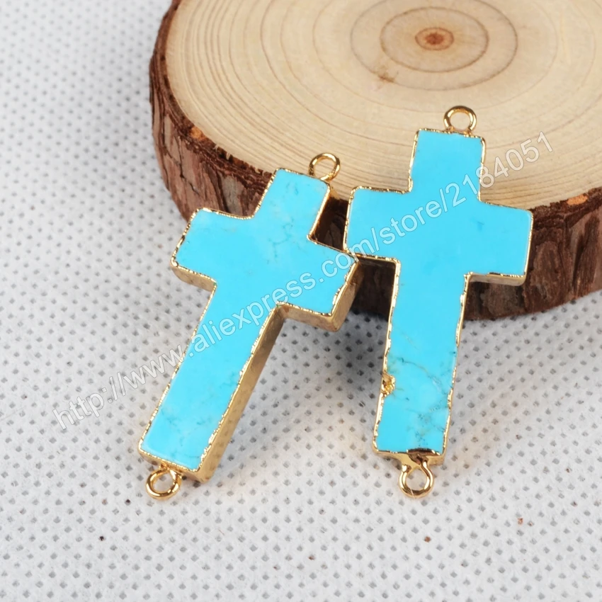 Cross Blue Howlite Turquoise Gold Plated Necklace Connector Beads Double Bails Making Jewelry G0872