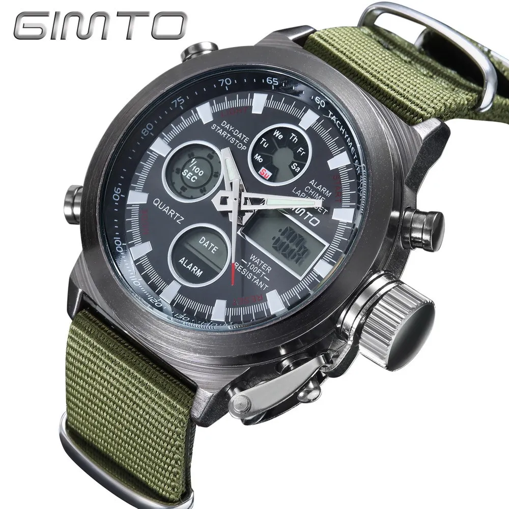 GIMTO, мужские спортивные часы, цифровой светодиодный, военные армейские часы, многофункциональные, водонепроницаемые, для дайвинга, кожа, нейлон, мужские повседневные кварцевые часы