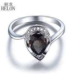 HELON Solid 14 К белого золота безупречной 8x6 мм Груша 1.12CT дымчатый кварц настоящие бриллианты Обручение кольцо изящных ювелирных камней кольцо