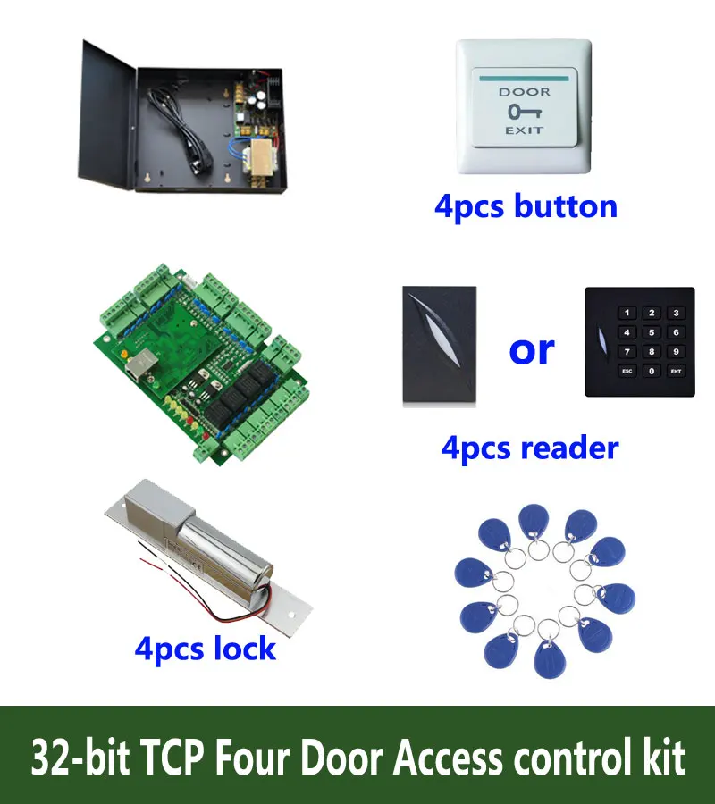 

RFID 32-Bit Access Control Kit,TCP/Ip Four Door Access Control+Powercase+Bolt Lock +ID Reader+Exit Button+10 ID Tags,Sn:Kit-T402