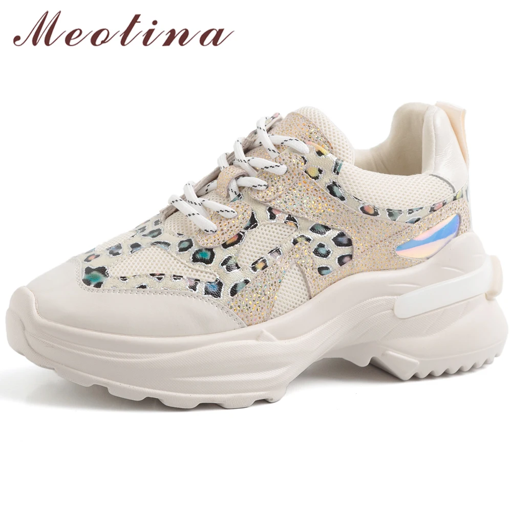 

Meotina Women Shoes Flats Sneakers Natural Genuine Leather Flat Platform Shoes Leopard Lace Up Round Toe Shoes Lady Size 35-42