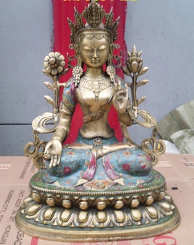 

xd 003019 19" Tibet Temple bronze Gild cloisonne green tara kwan yin Buddha statue