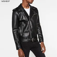 Модные осенние мужские черные мото Куртки из искусственной кожи, воротник с отворотами, кнопки, подол, пряжка, ремень, длинные рукава, куртка