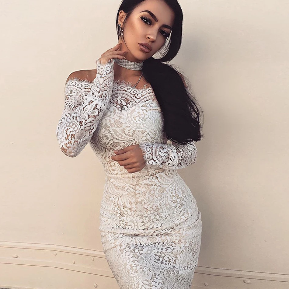 

Newest Bandage Dress Women Celebrity Party White Long Sleeve Off Shoulder Sexy Lace Dress Women Vestidos Wholesale