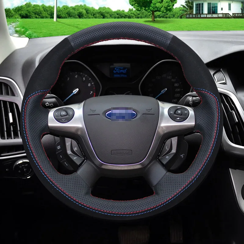 Кожаный чехол на руль для Ford Focus KUGA Fiesta Edge Mondeo Sport Black suede/hole аксессуары автомобиля |